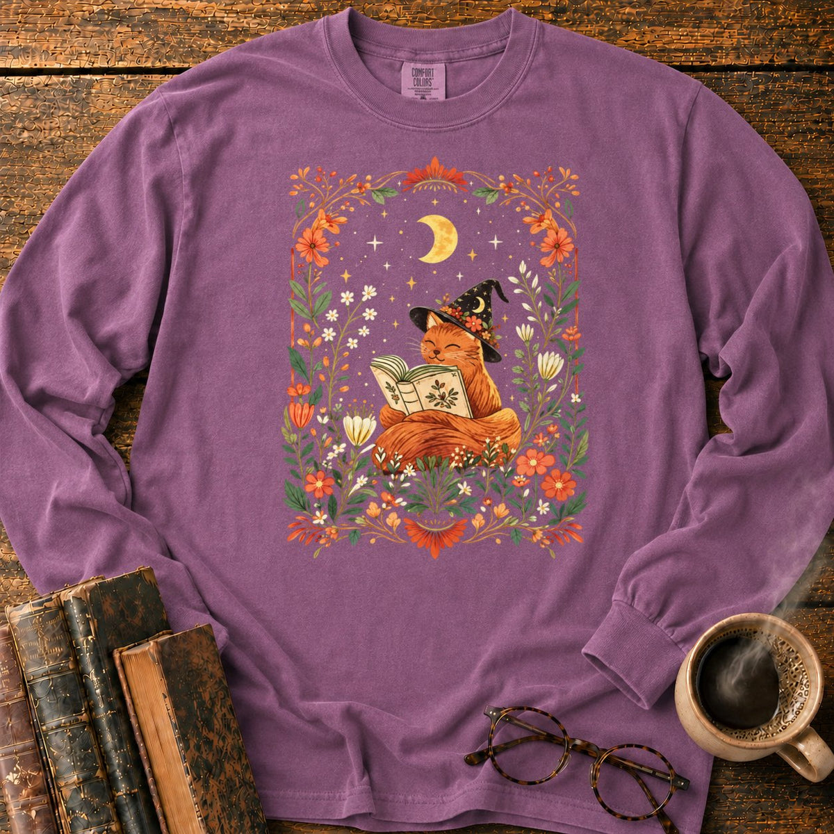 Fox Witch Reading Beneath Crescent Moon LS T-Shirt in Berry – BooksThreads