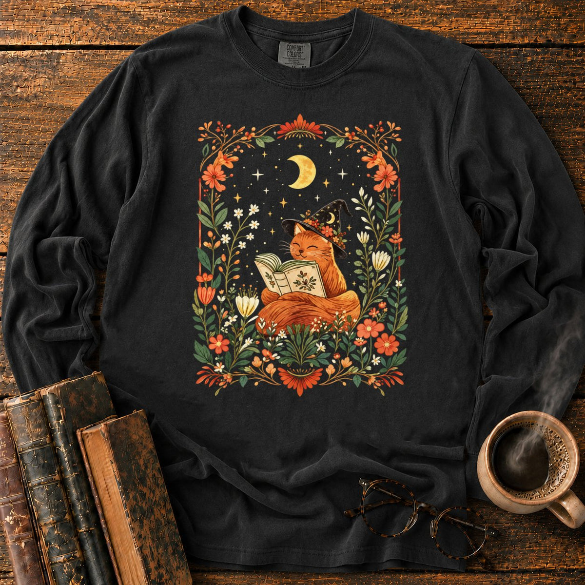 Fox Witch Reading Beneath Crescent Moon LS T-Shirt in Black – BooksThreads