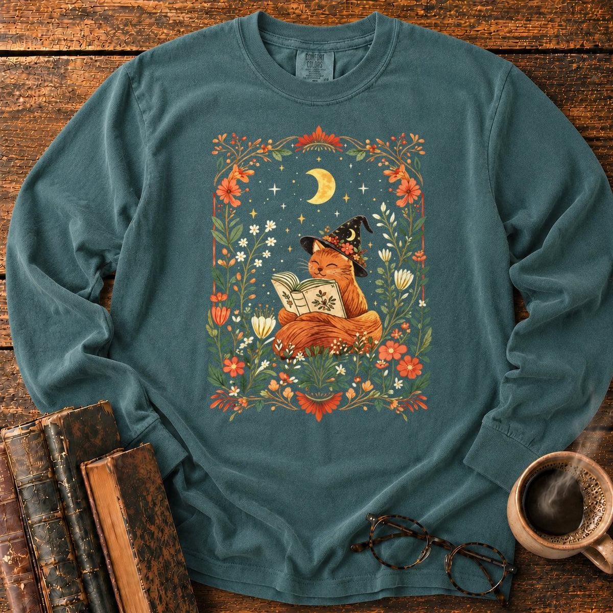 Fox Witch Reading Beneath Crescent Moon LS T-Shirt in Blue Spruce – BooksThreads