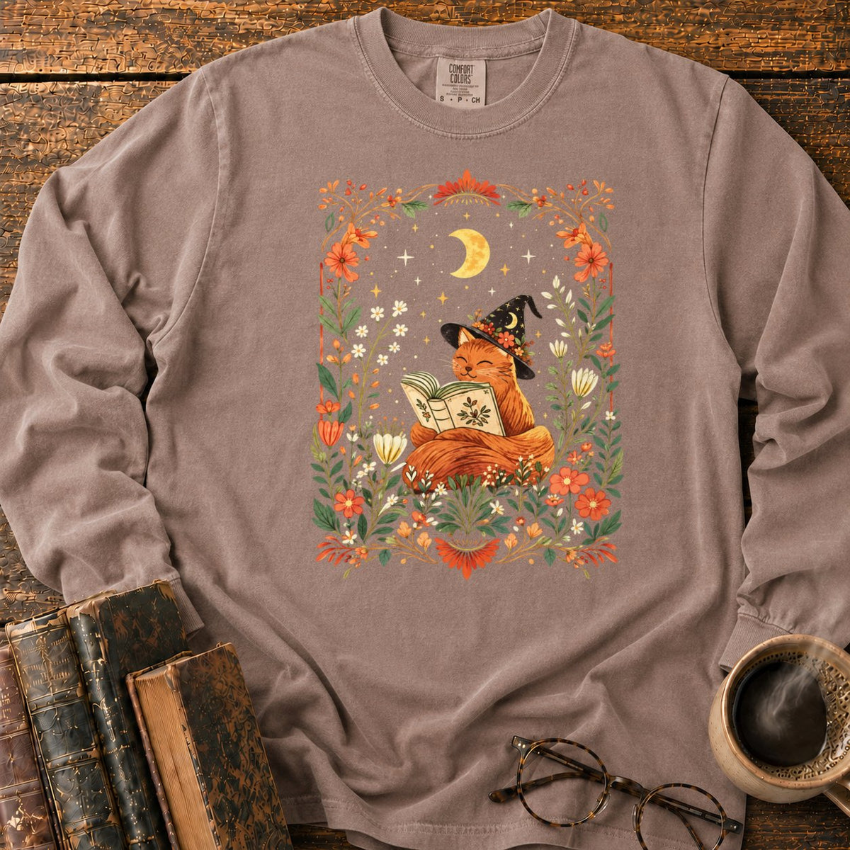 Fox Witch Reading Beneath Crescent Moon LS T-Shirt in Espresso – BooksThreads