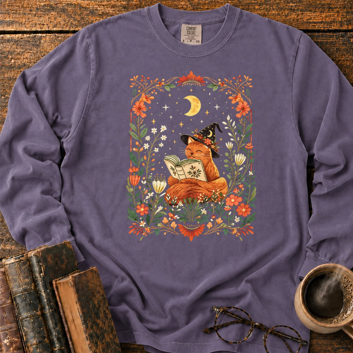 Fox Witch Reading Beneath Crescent Moon LS T-Shirt in Grape – BooksThreads