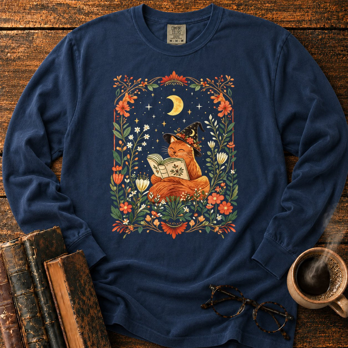 Fox Witch Reading Beneath Crescent Moon LS T-Shirt in Midnight – BooksThreads