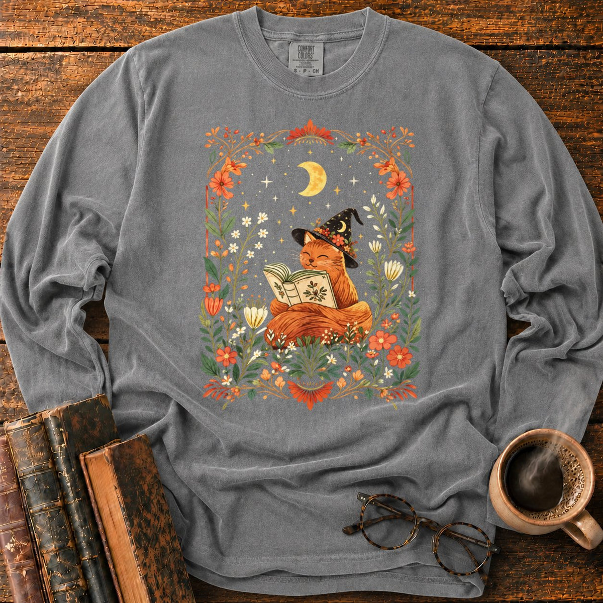 Fox Witch Reading Beneath Crescent Moon LS T-Shirt in Pepper – BooksThreads