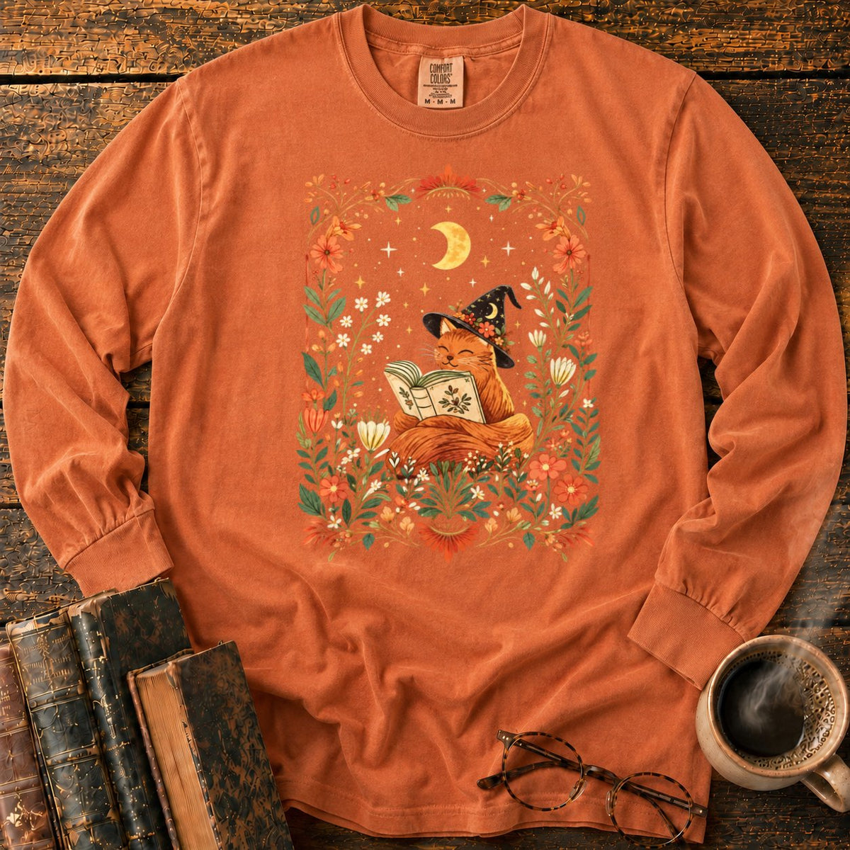 Fox Witch Reading Beneath Crescent Moon LS T-Shirt in Yam – BooksThreads