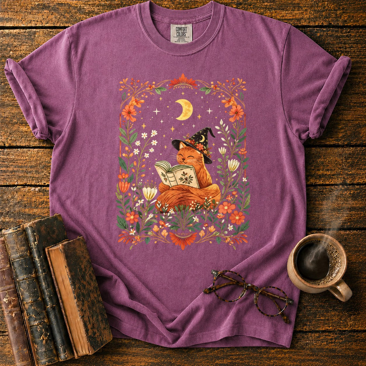 Fox Witch Reading Beneath Crescent Moon T-Shirt in Berry – BooksThreads