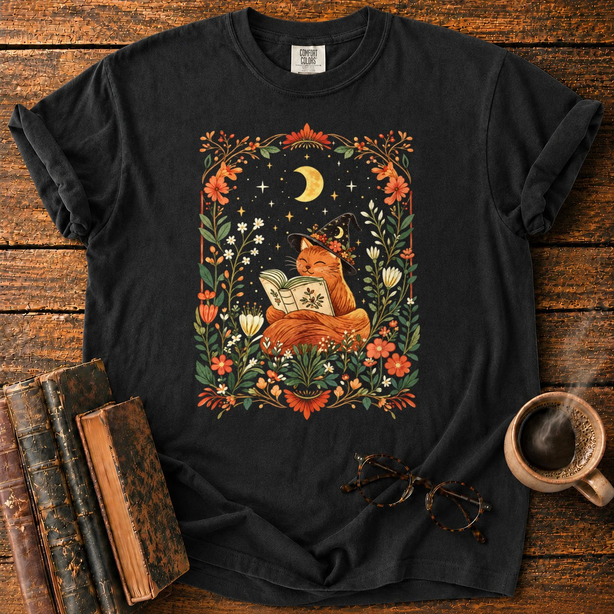 Fox Witch Reading Beneath Crescent Moon T-Shirt in Black – BooksThreads