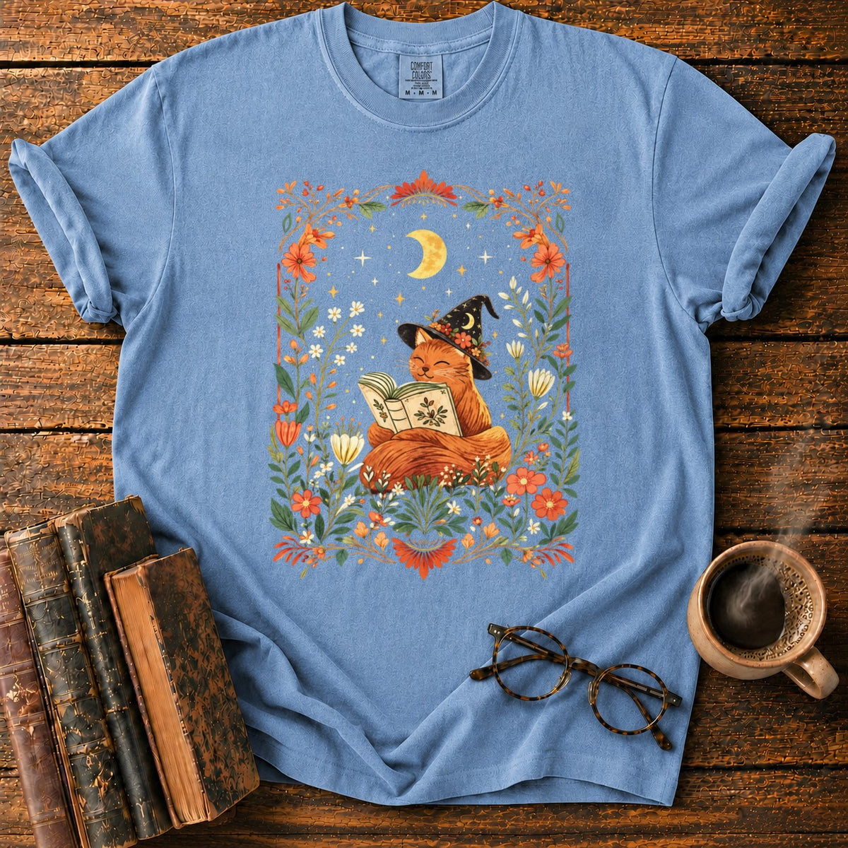 Fox Witch Reading Beneath Crescent Moon T-Shirt in Blue Jean – BooksThreads