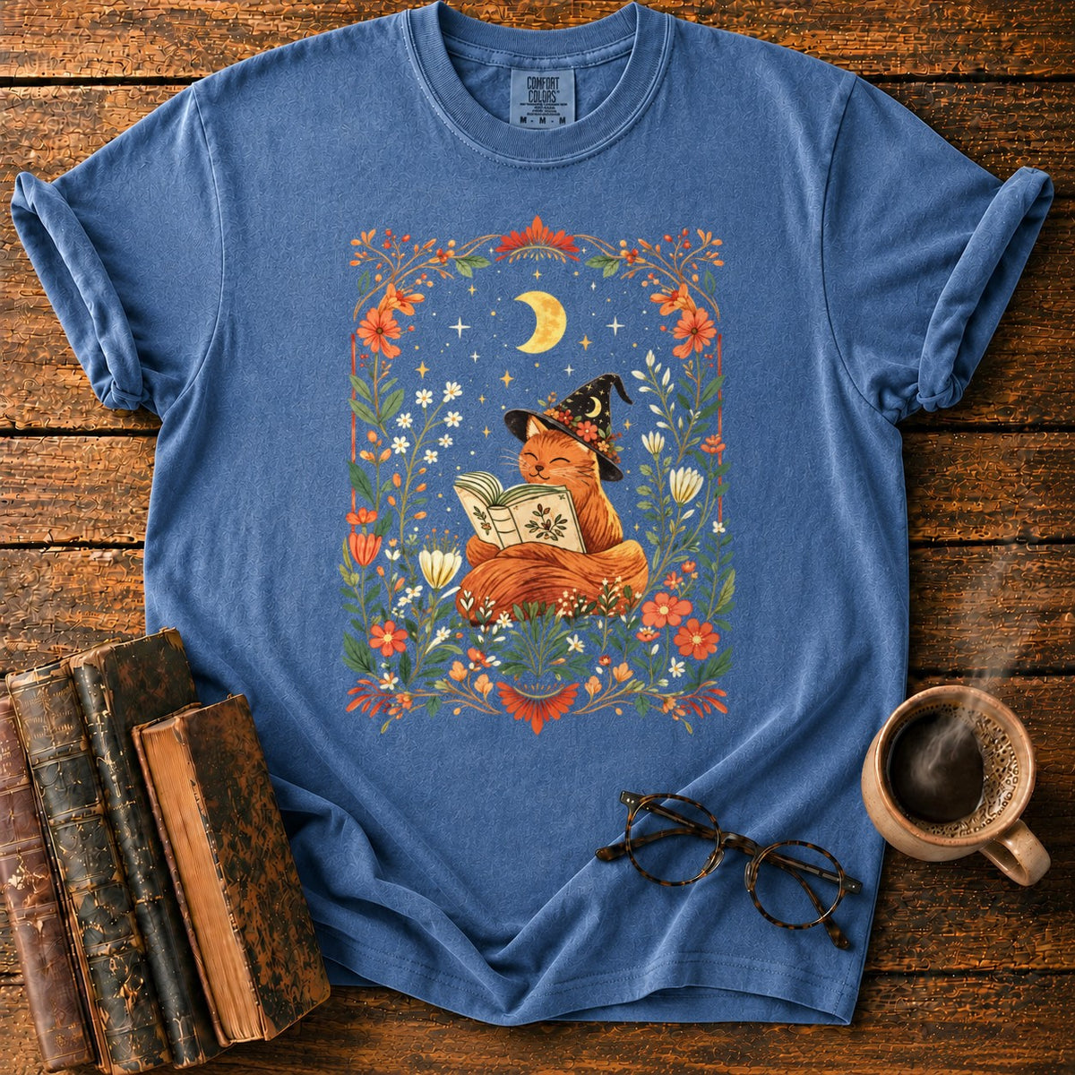 Fox Witch Reading Beneath Crescent Moon T-Shirt in Denim – BooksThreads