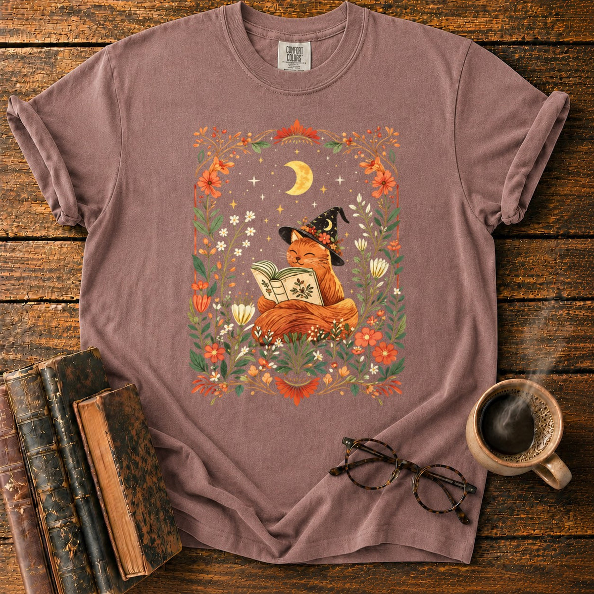 Fox Witch Reading Beneath Crescent Moon T-Shirt in Espresso – BooksThreads