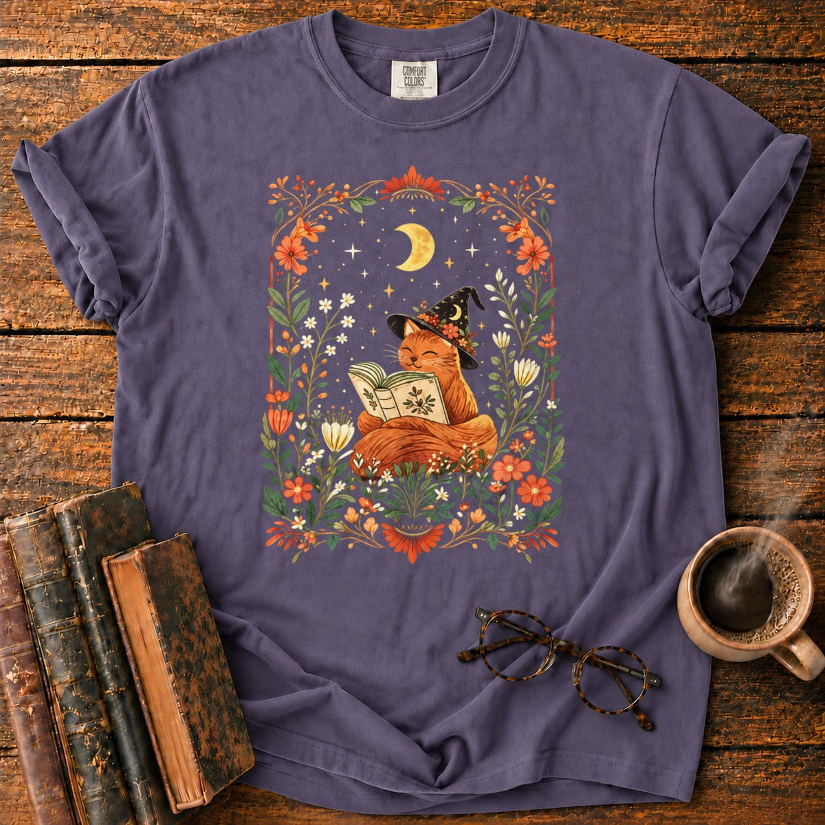 Fox Witch Reading Beneath Crescent Moon T-Shirt in Grape – BooksThreads