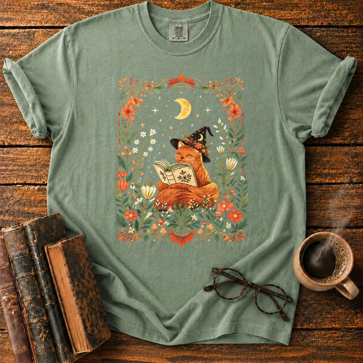 Fox Witch Reading Beneath Crescent Moon T-Shirt in Moss – BooksThreads