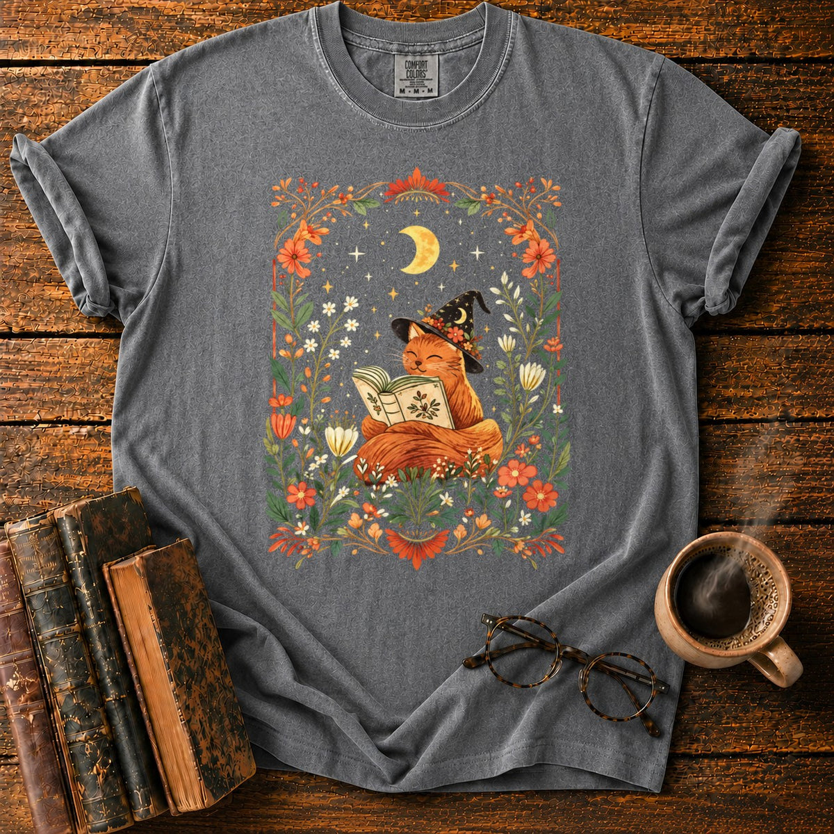 Fox Witch Reading Beneath Crescent Moon T-Shirt in Pepper – BooksThreads