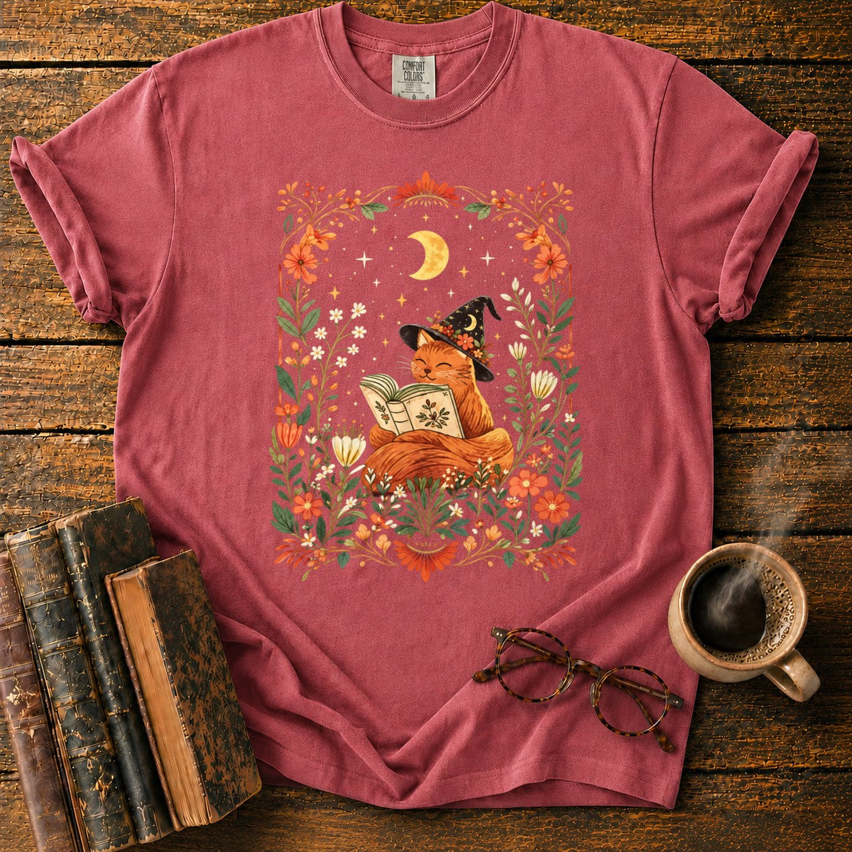 Fox Witch Reading Beneath Crescent Moon T-Shirt in Watermelon – BooksThreads