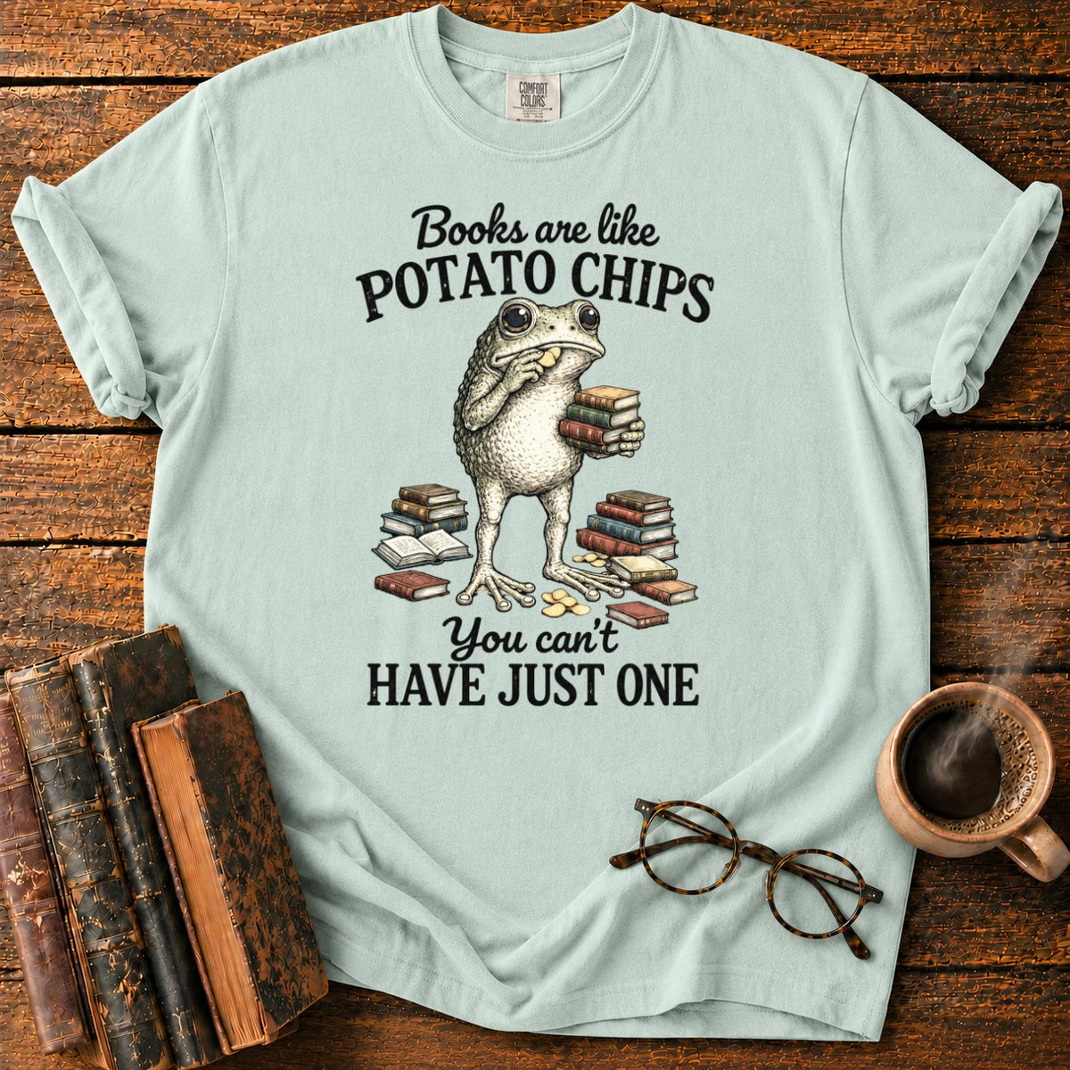 Frog Reading Among Books And Chips T-Shirt in Bay – BooksThreads