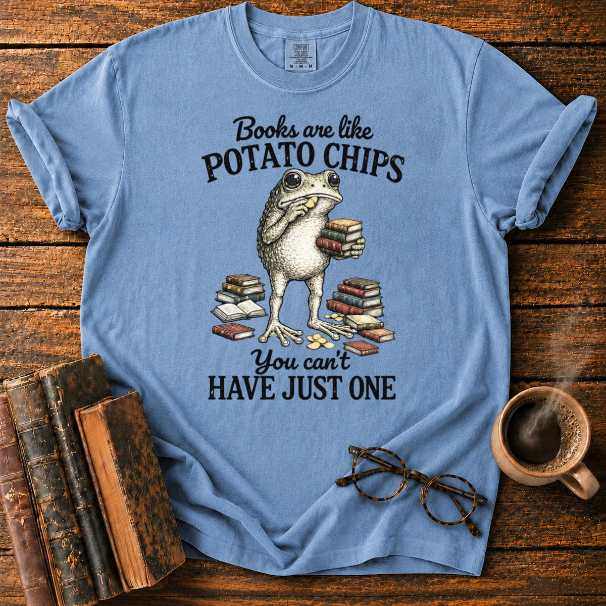 Frog Reading Among Books And Chips T-Shirt in Blue Jean – BooksThreads
