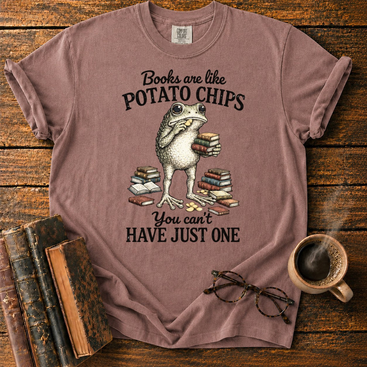Frog Reading Among Books And Chips T-Shirt in Espresso – BooksThreads