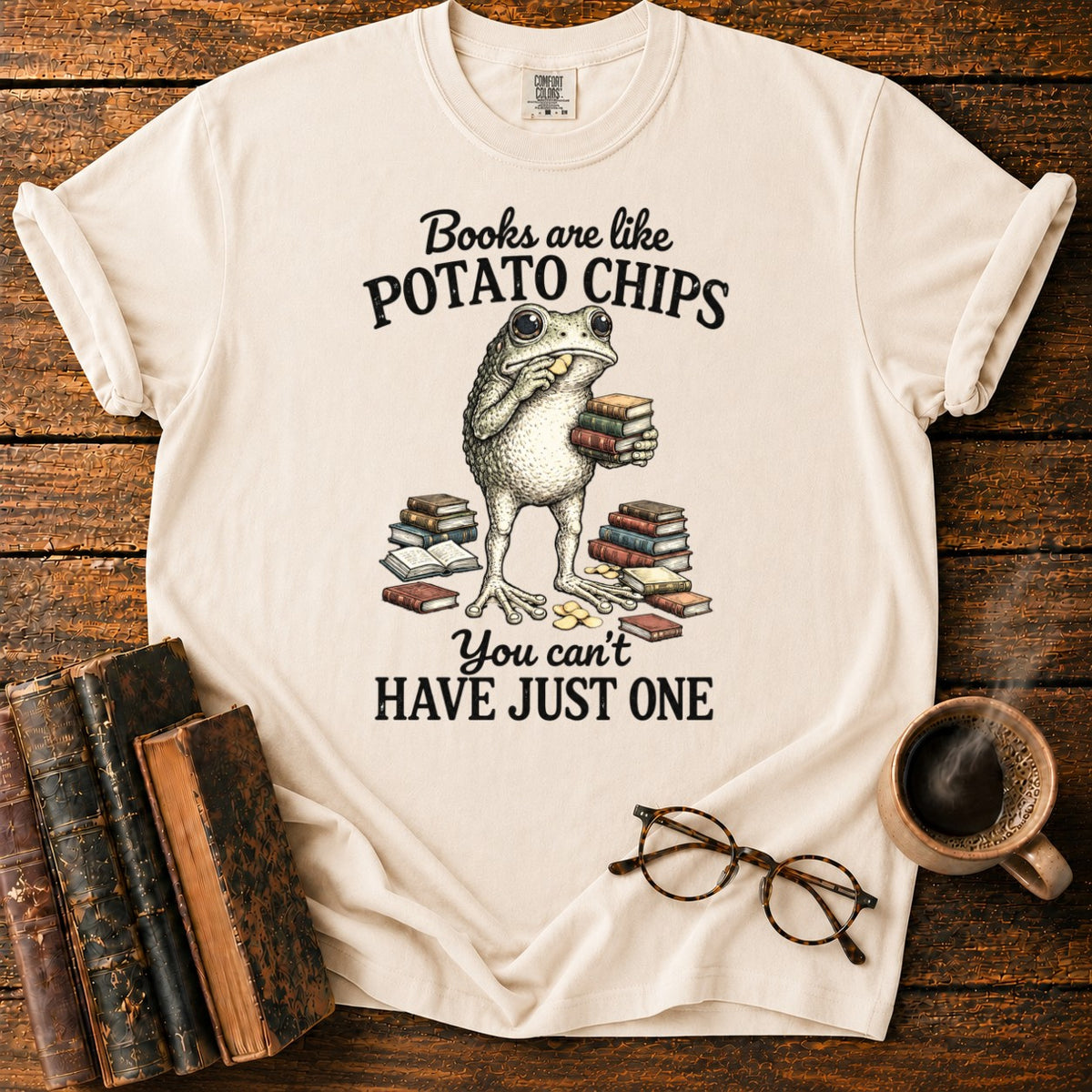 Frog Reading Among Books And Chips T-Shirt in Ivory – BooksThreads