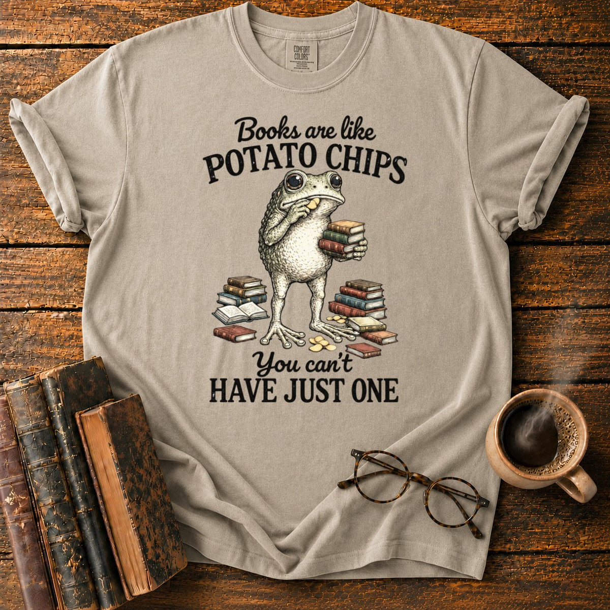 Frog Reading Among Books And Chips T-Shirt in Khaki – BooksThreads