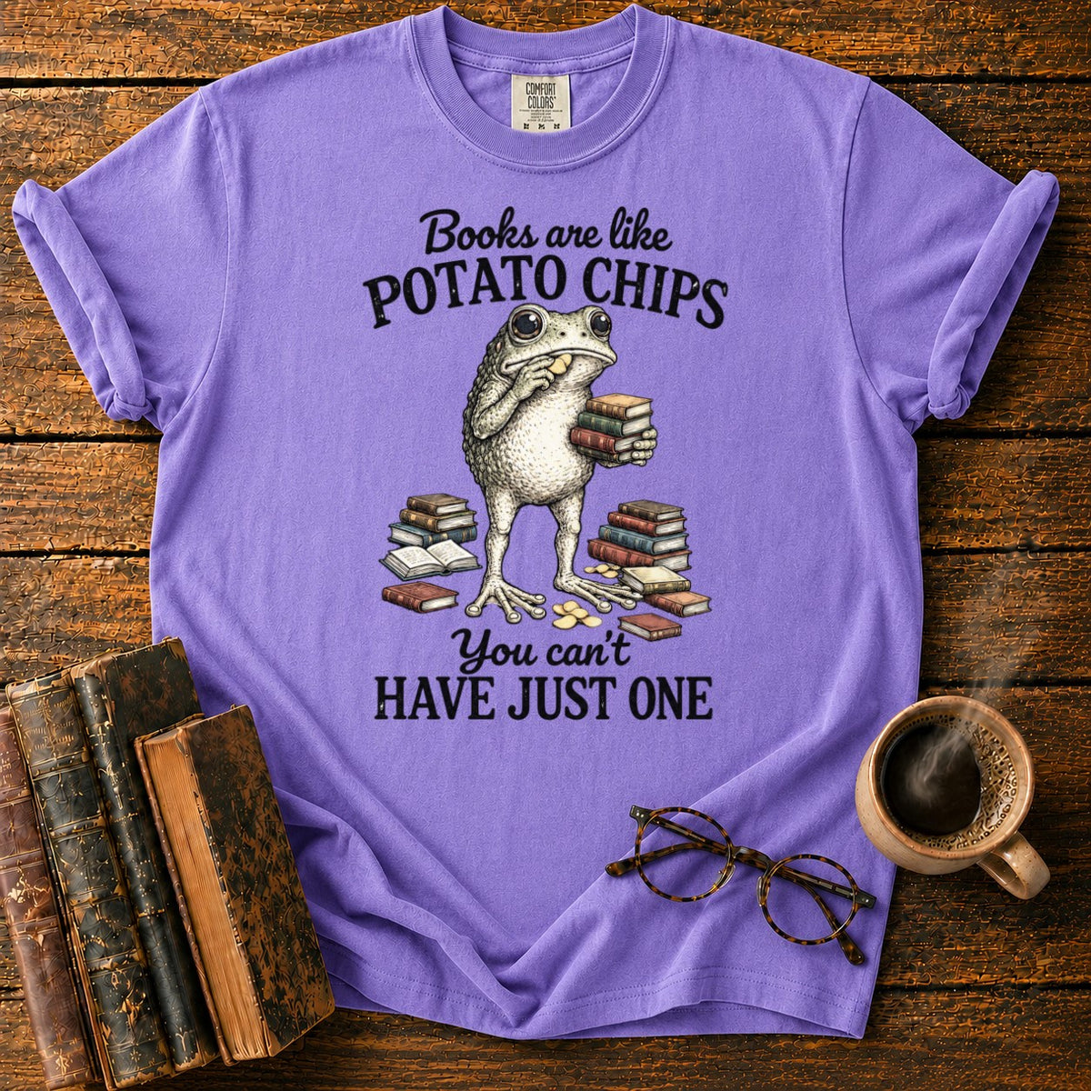Frog Reading Among Books And Chips T-Shirt in Violet – BooksThreads
