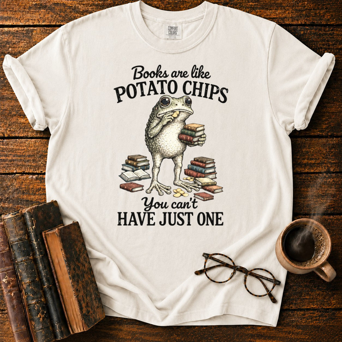 Frog Reading Among Books And Chips T-Shirt in White – BooksThreads