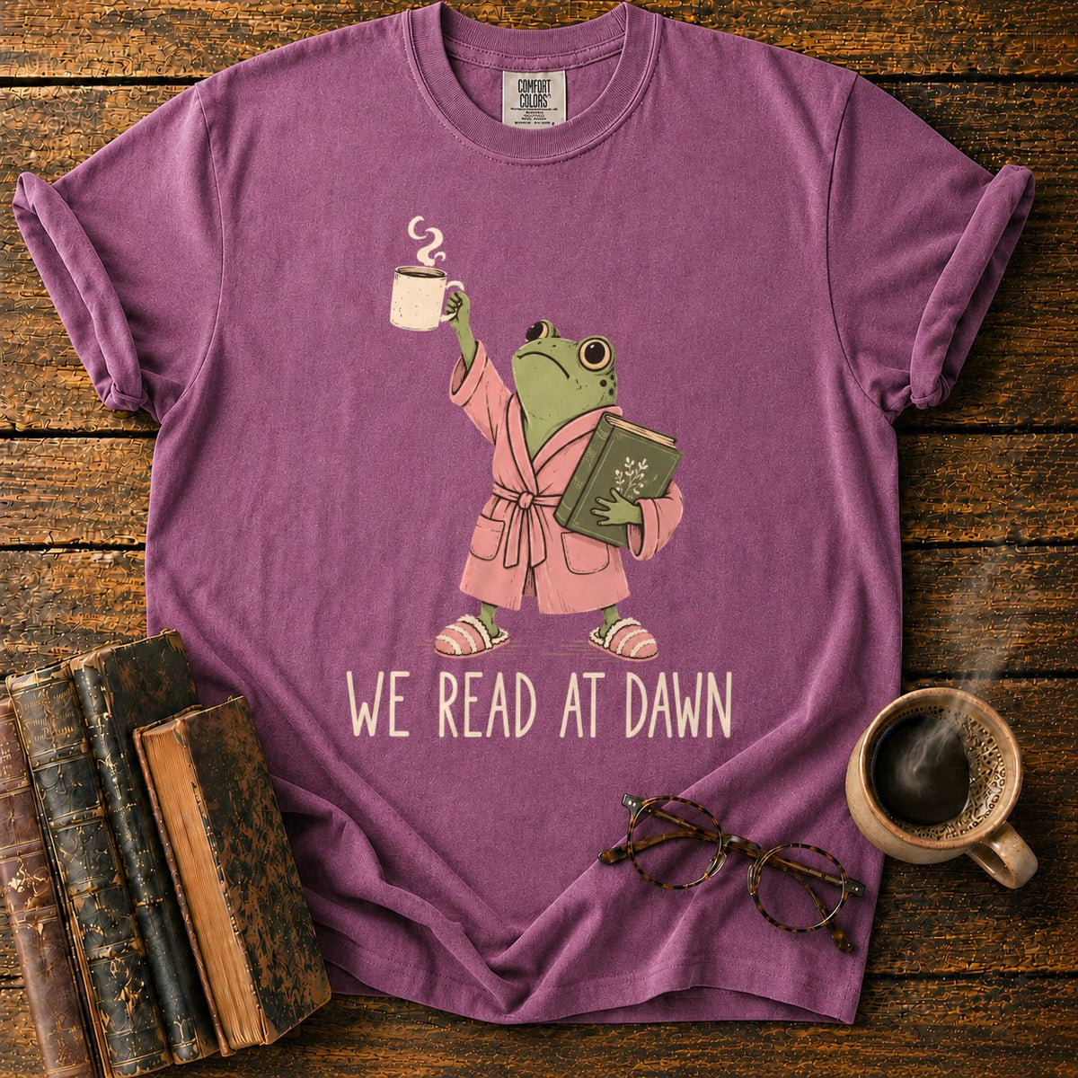 Frog Reading At Dawn T-Shirt in Berry – BooksThreads