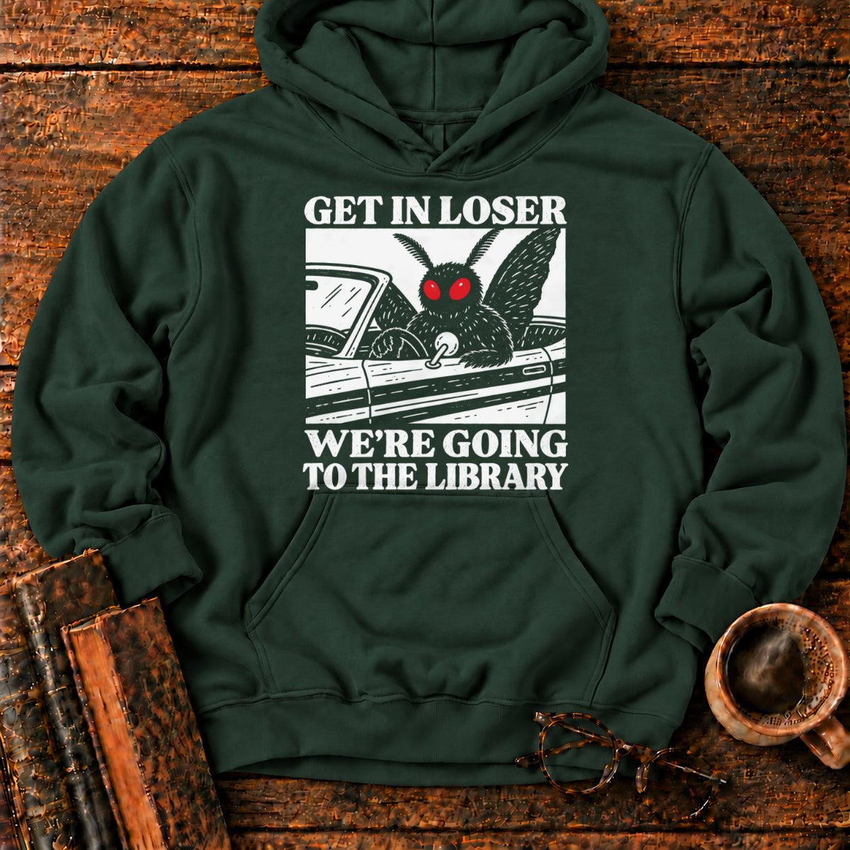 Get In Loser Mothman Library Hoodie in Forest Green – BooksThreads