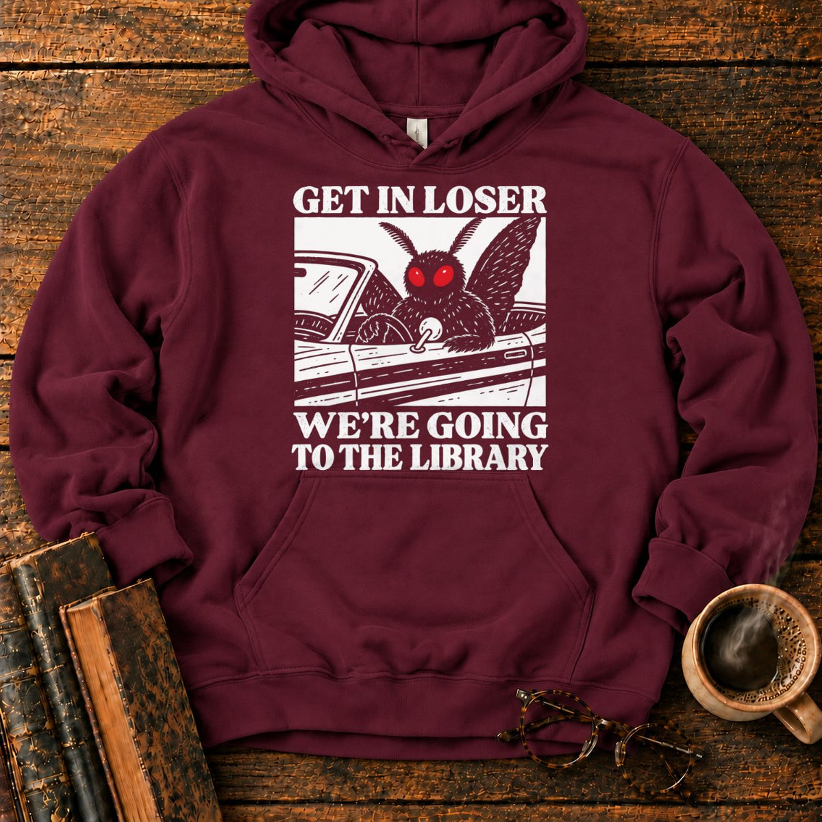 Get In Loser Mothman Library Hoodie in Maroon – BooksThreads