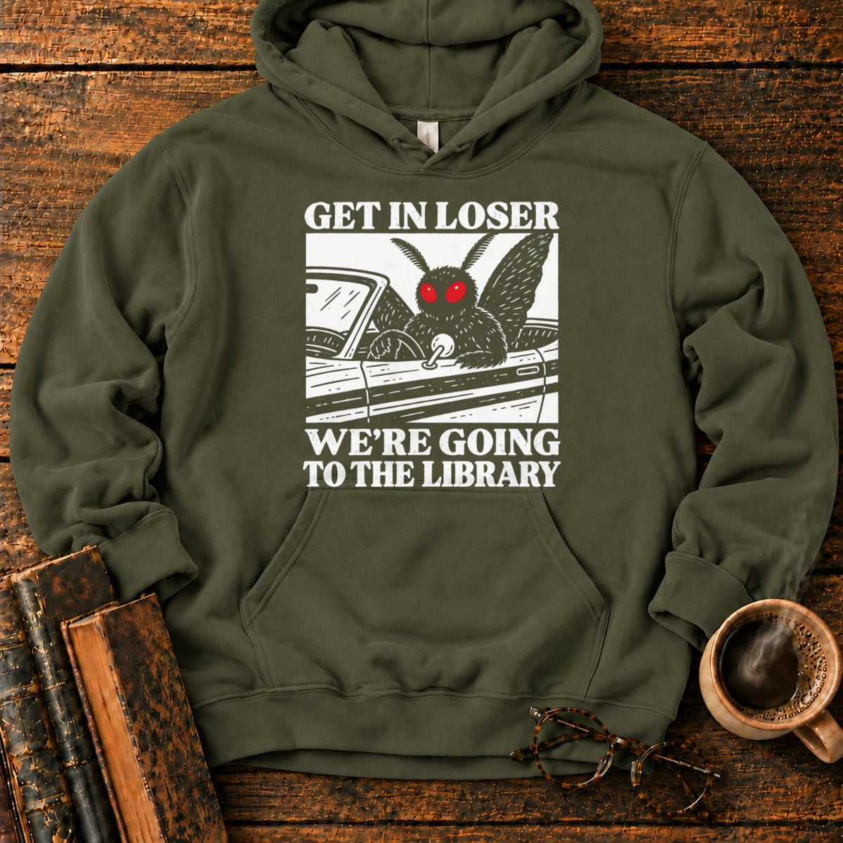 Get In Loser Mothman Library Hoodie in Military Green – BooksThreads