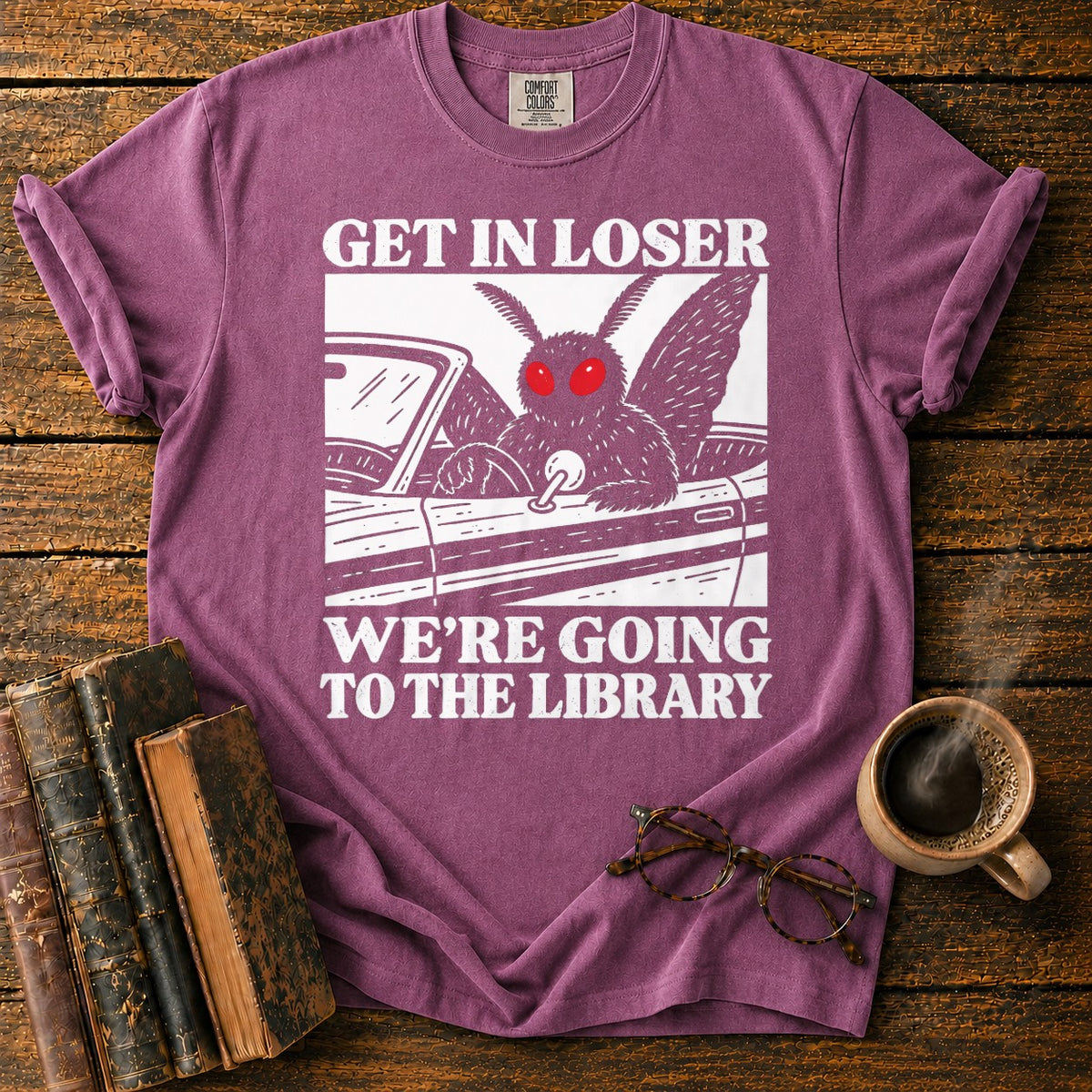 Get In Loser Mothman Library T-Shirt in Berry – BooksThreads