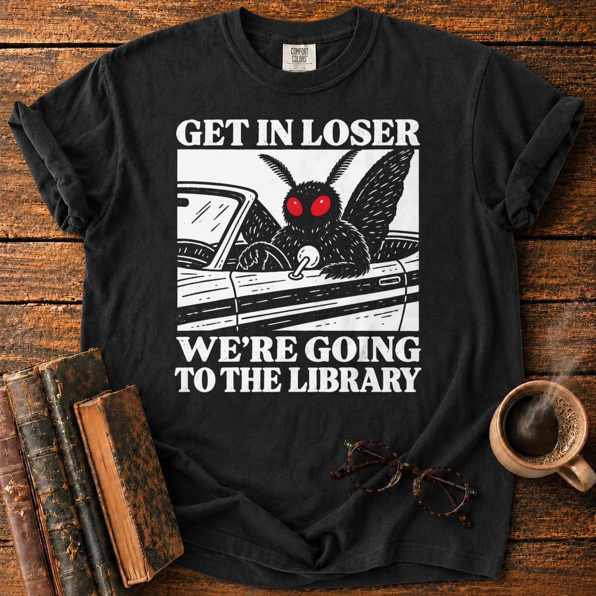 Get In Loser Mothman Library T-Shirt in Black – BooksThreads