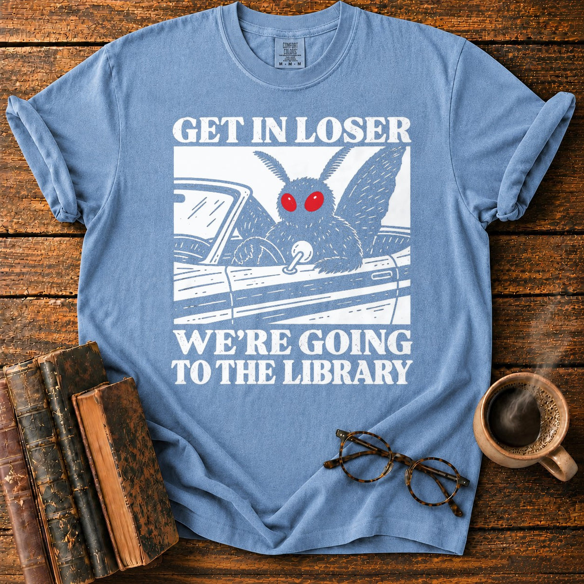 Get In Loser Mothman Library T-Shirt in Blue Jean – BooksThreads
