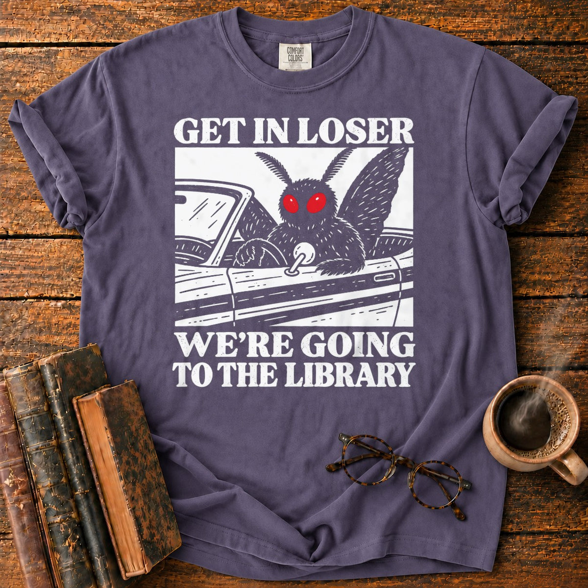 Get In Loser Mothman Library T-Shirt in Grape – BooksThreads