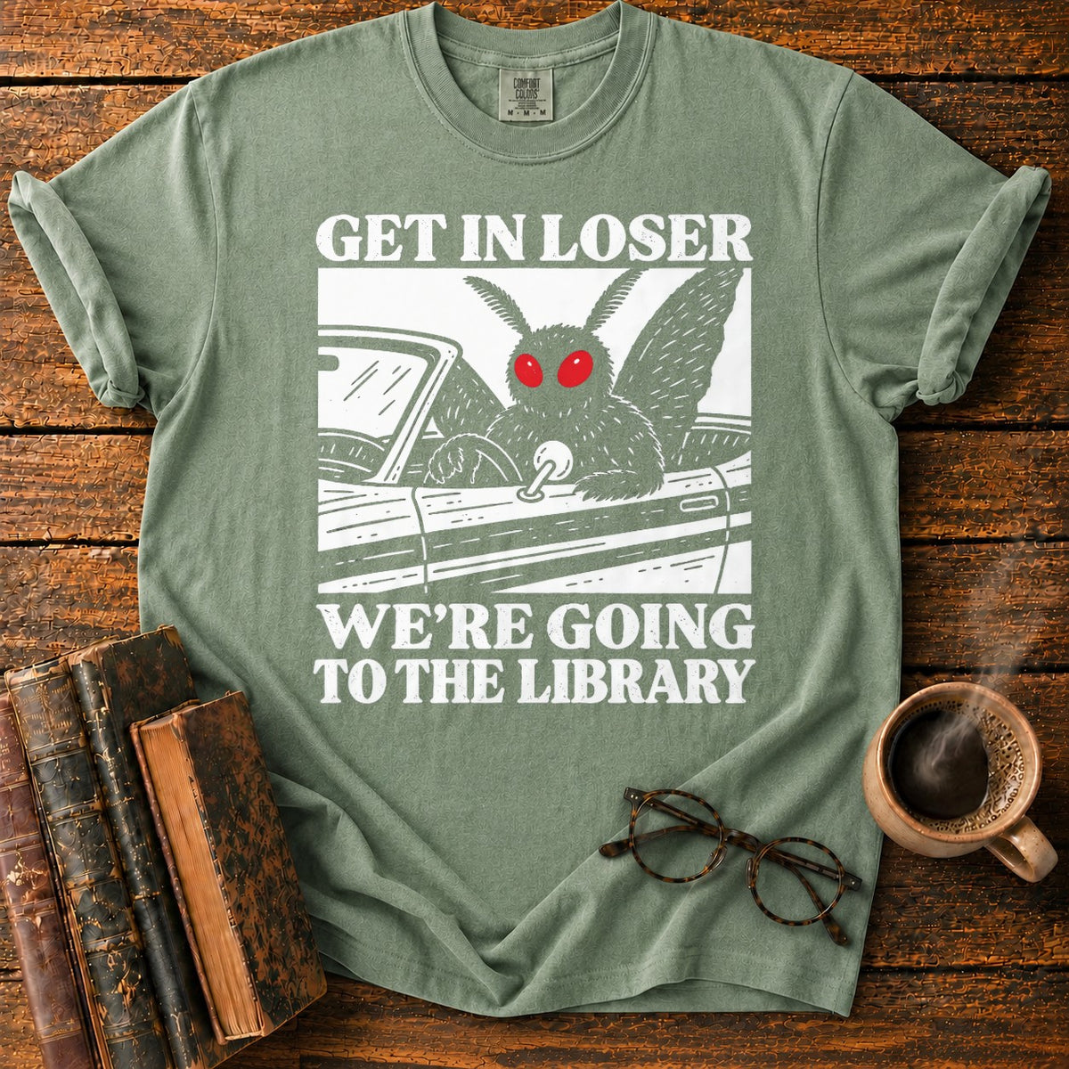 Get In Loser Mothman Library T-Shirt in Moss – BooksThreads