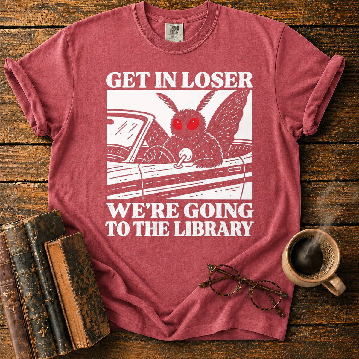 Get In Loser Mothman Library T-Shirt in Watermelon – BooksThreads