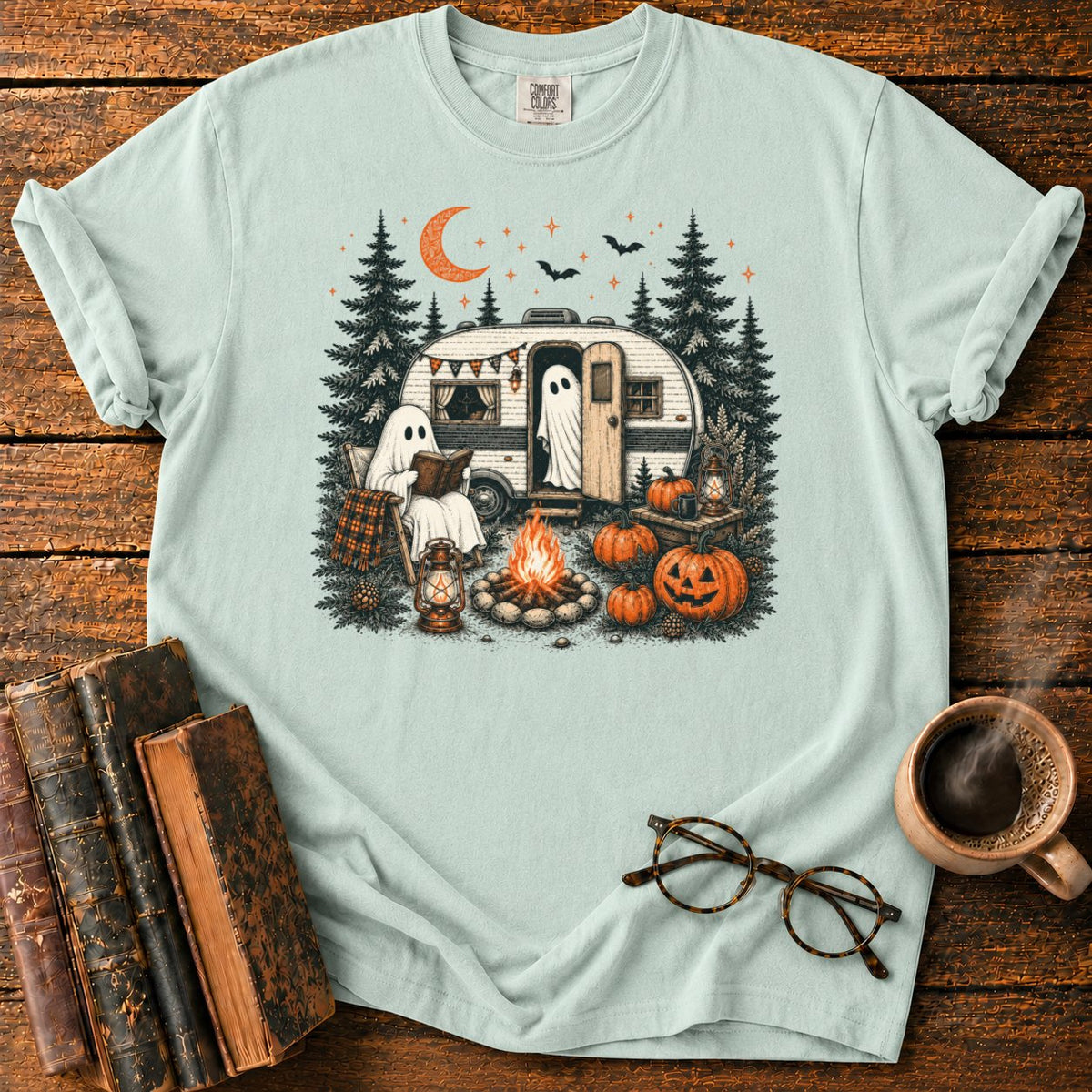 Ghost Camping Halloween T-Shirt in Bay – BooksThreads