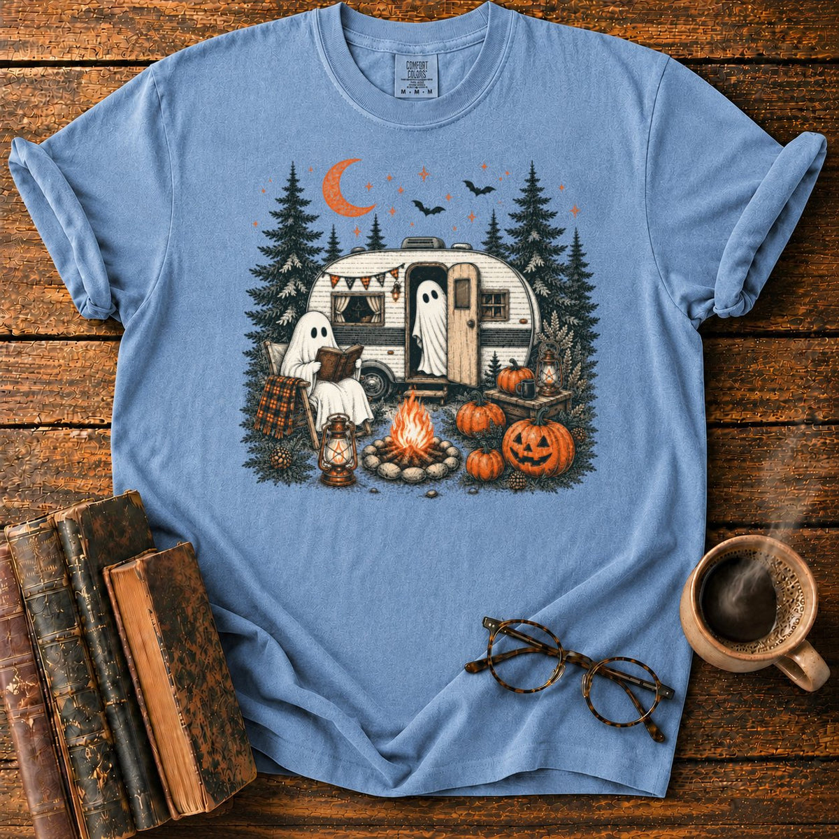 Ghost Camping Halloween T-Shirt in Blue Jean – BooksThreads
