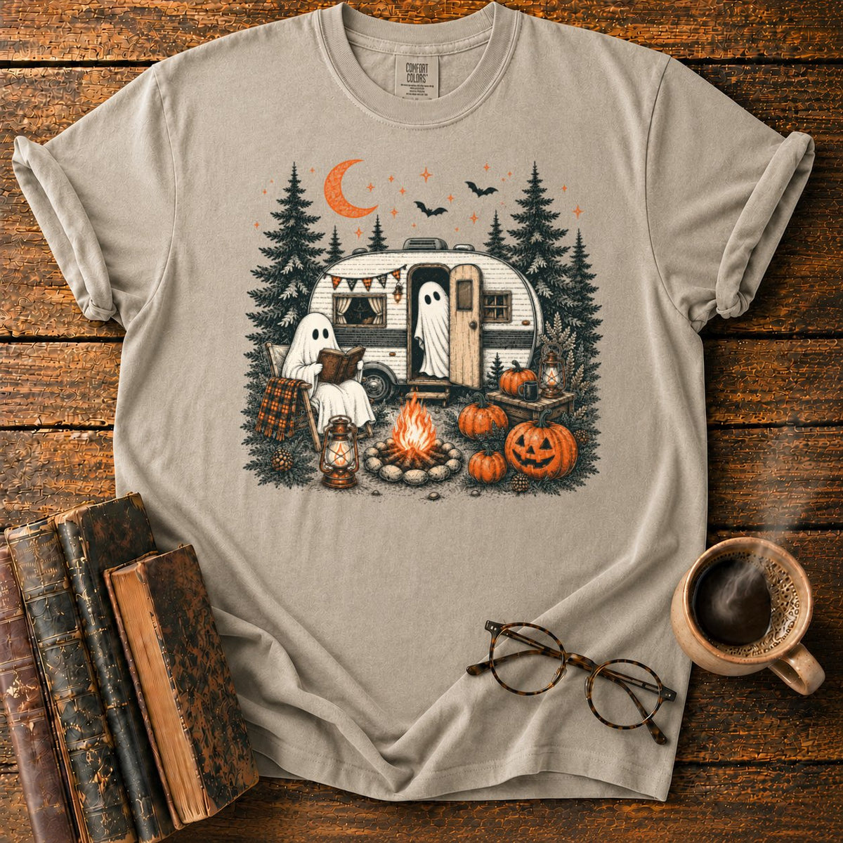 Ghost Camping Halloween T-Shirt in Khaki – BooksThreads