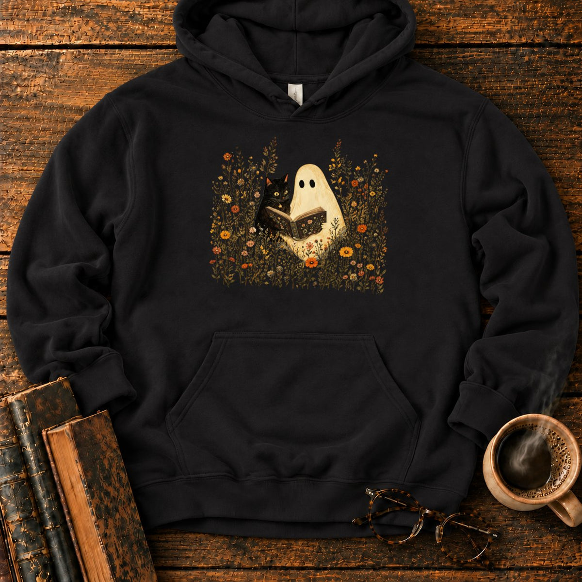Ghost, Cat And Book Among Wildflowers Hoodie in Black – BooksThreads