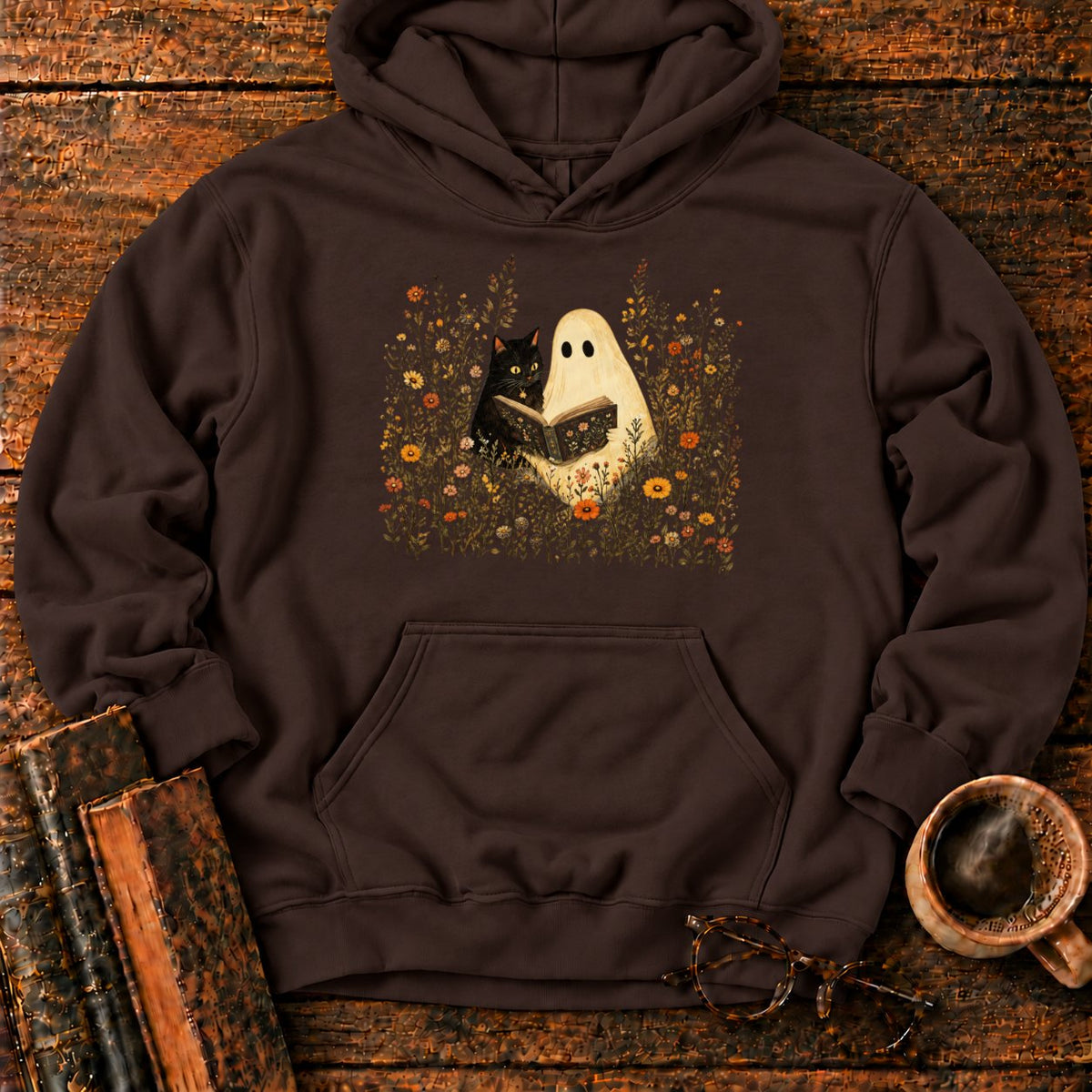 Ghost, Cat And Book Among Wildflowers Hoodie in Dark Chocolate – BooksThreads