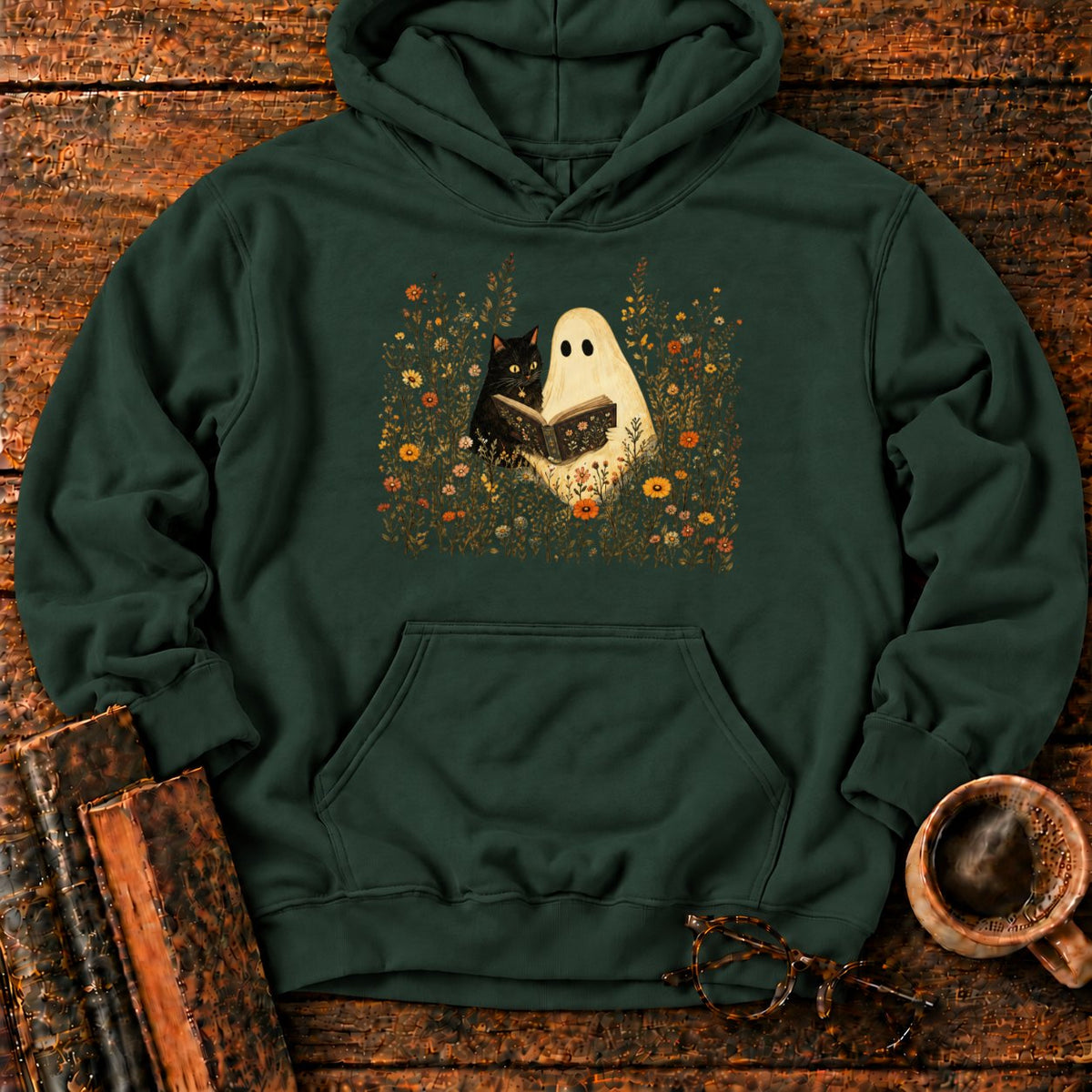 Ghost, Cat And Book Among Wildflowers Hoodie in Forest Green – BooksThreads