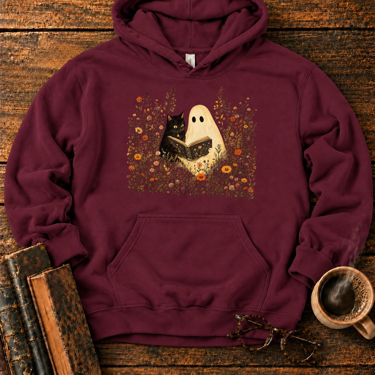 Ghost, Cat And Book Among Wildflowers Hoodie in Maroon – BooksThreads