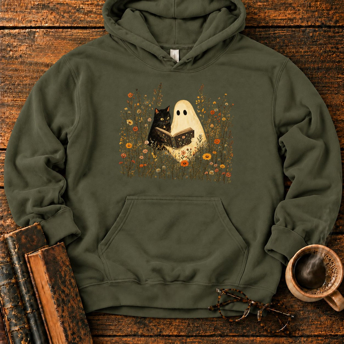Ghost, Cat And Book Among Wildflowers Hoodie in Military Green – BooksThreads