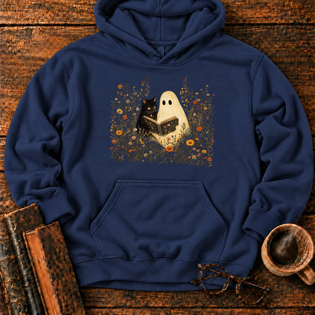Ghost, Cat And Book Among Wildflowers Hoodie in Navy – BooksThreads
