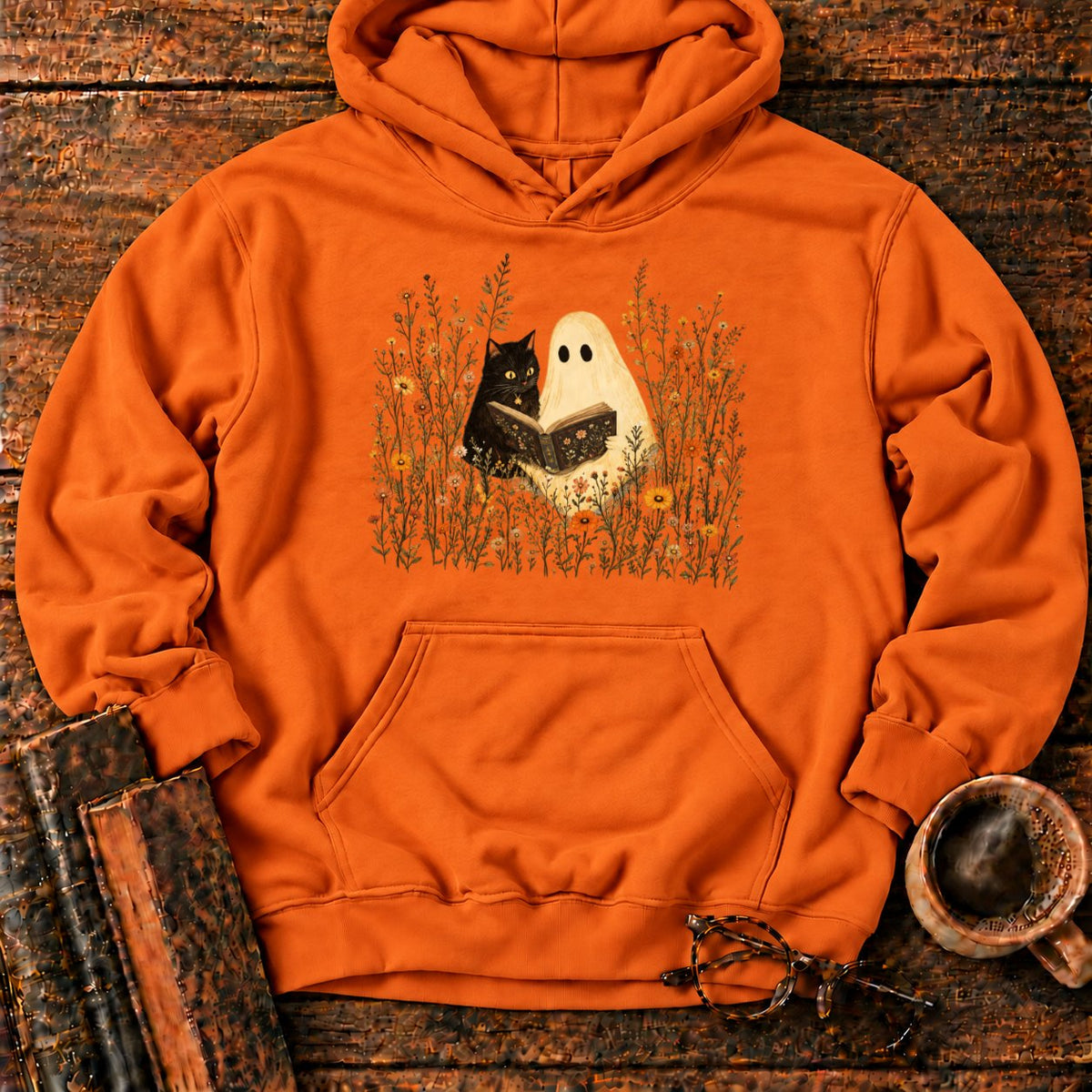 Ghost, Cat And Book Among Wildflowers Hoodie in Orange – BooksThreads
