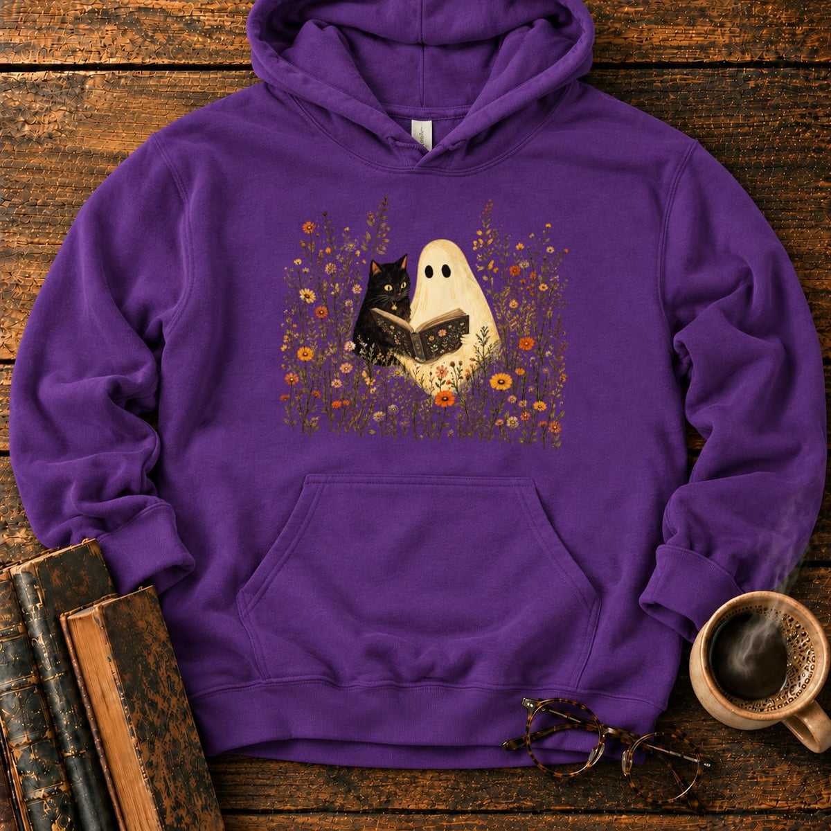 Ghost, Cat And Book Among Wildflowers Hoodie in Purple – BooksThreads