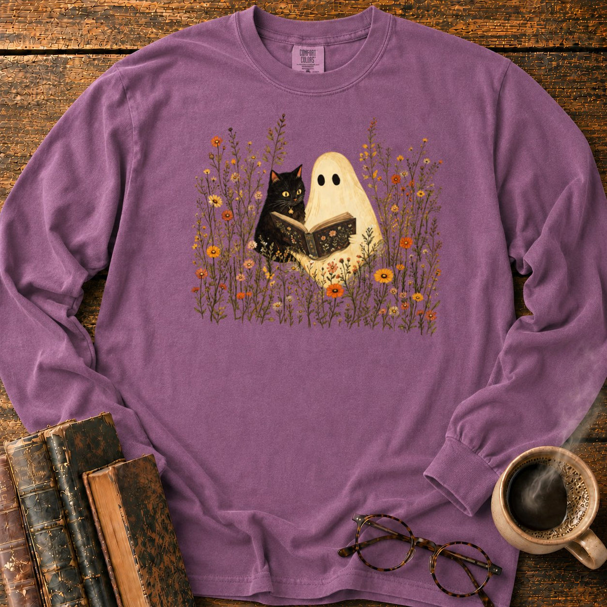 Ghost, Cat And Book Among Wildflowers LS T-Shirt in Berry – BooksThreads