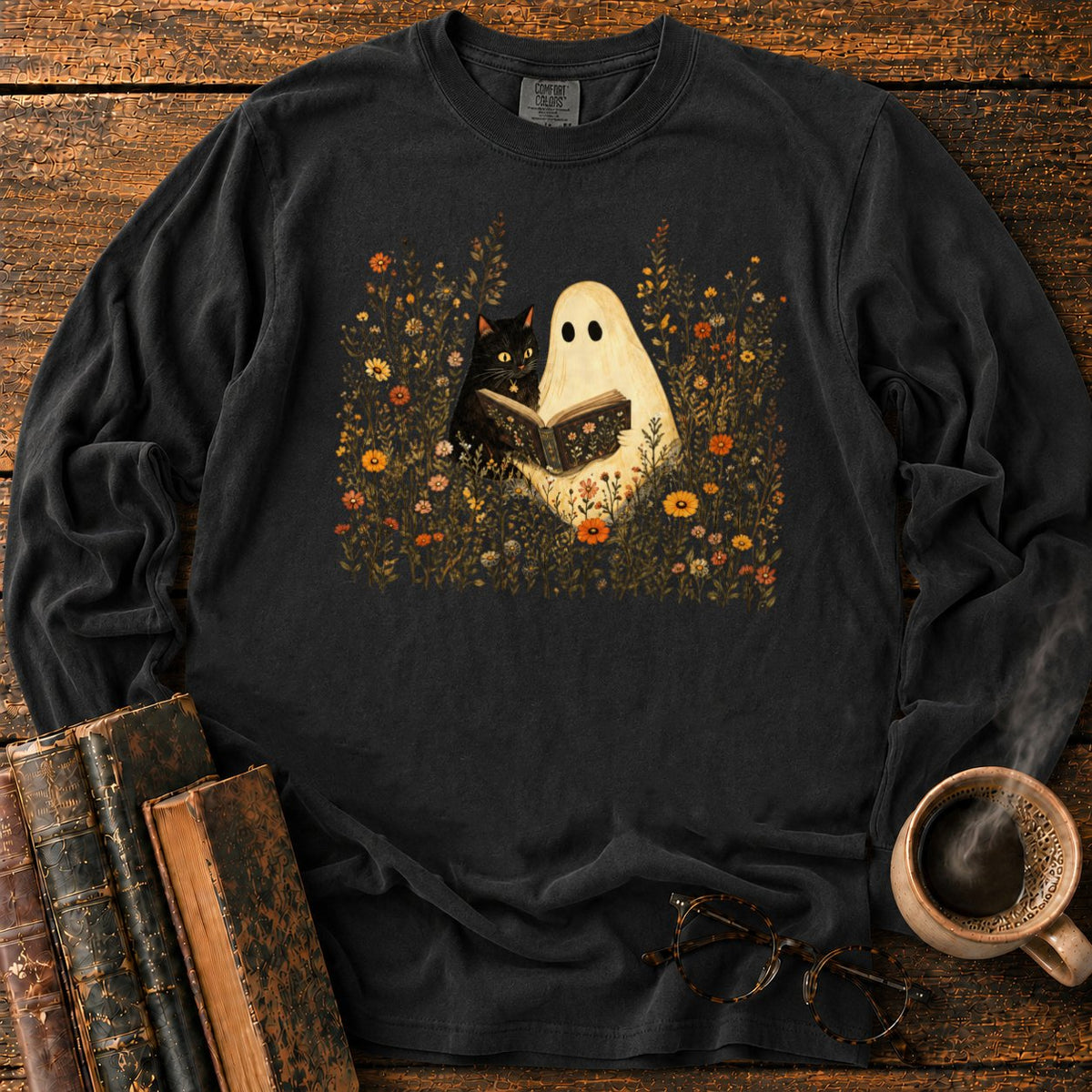 Ghost, Cat And Book Among Wildflowers LS T-Shirt in Black – BooksThreads