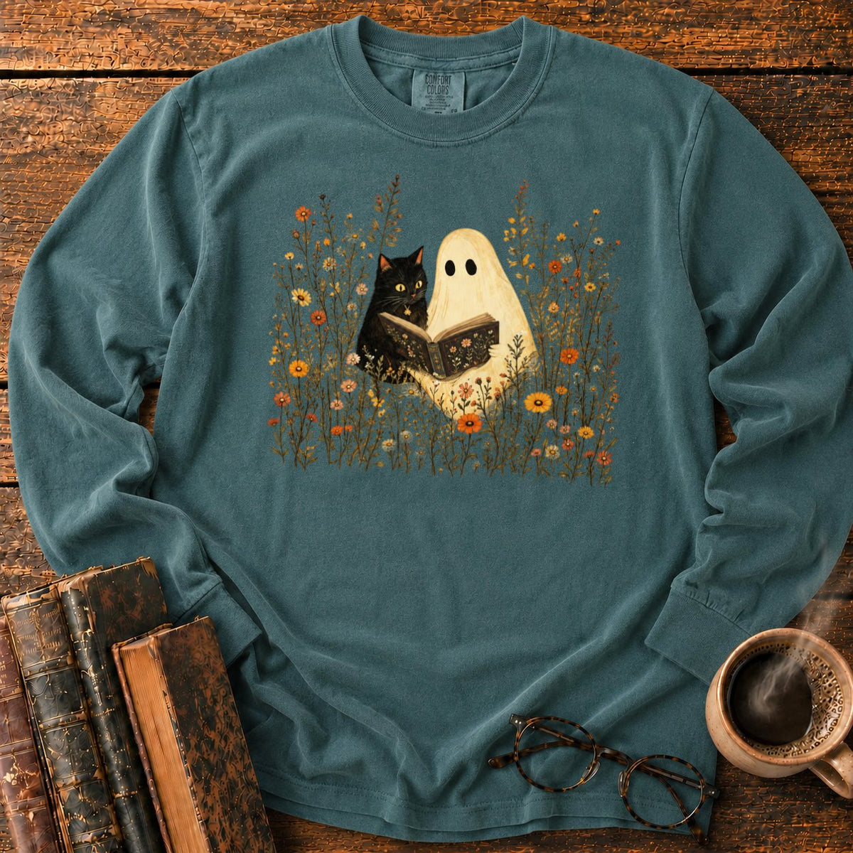 Ghost, Cat And Book Among Wildflowers LS T-Shirt in Blue Spruce – BooksThreads