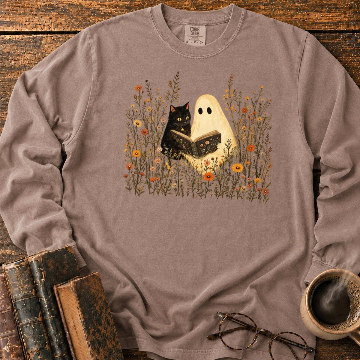 Ghost, Cat And Book Among Wildflowers LS T-Shirt in Espresso – BooksThreads