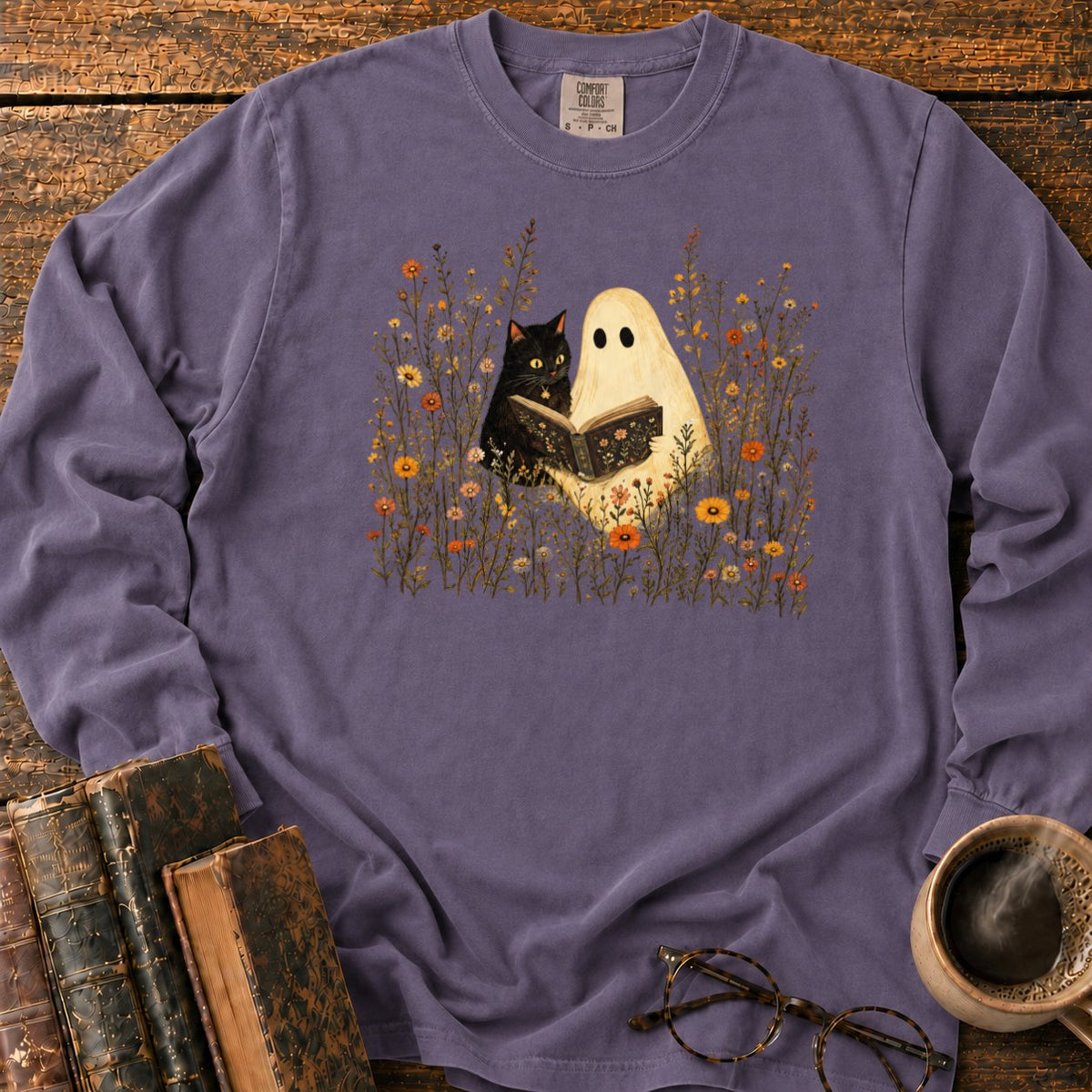 Ghost, Cat And Book Among Wildflowers LS T-Shirt in Grape – BooksThreads